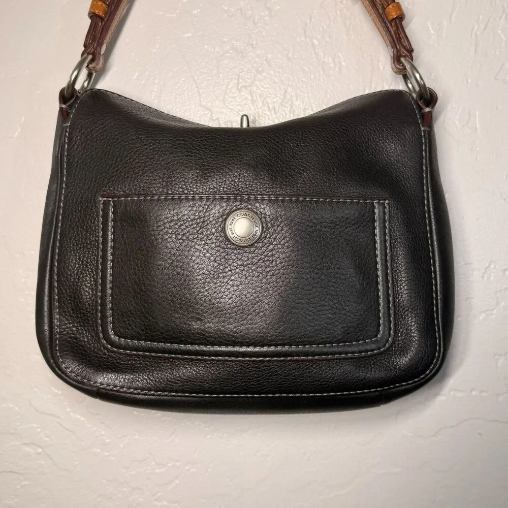 Coach Chelsea Pebbled Black Leather Hobo Handbag Brown Strap - Picture 5 of 14